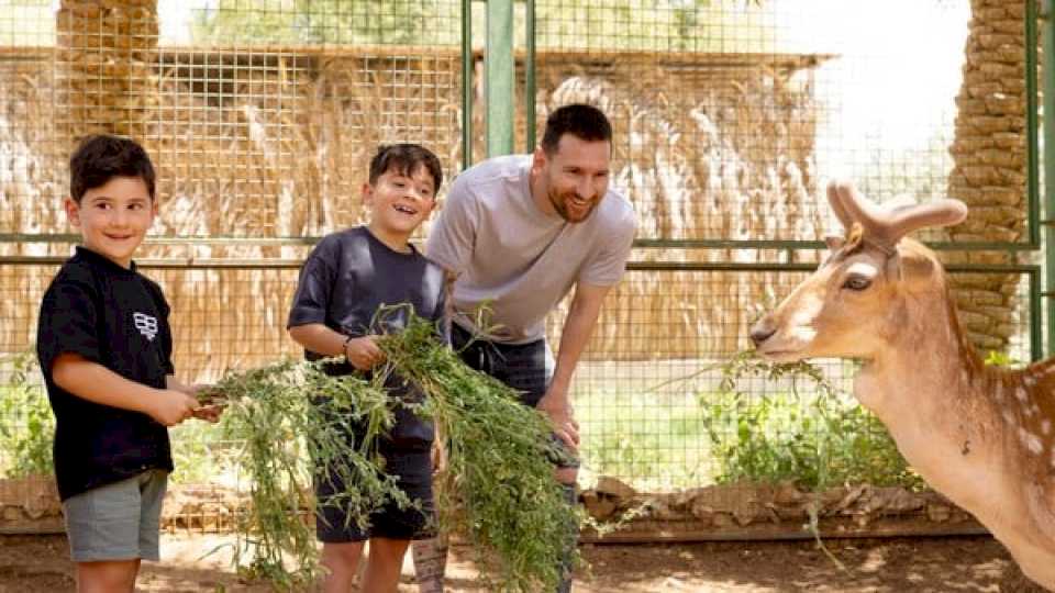 Dándole de comer a la jirafita en Arabia Saudita, Lionel Messi no es un bebé de pecho