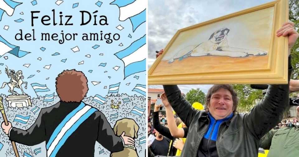 En el Día del Amigo, Milei volvió a declararle el amor a sus perros con una particular caricatura